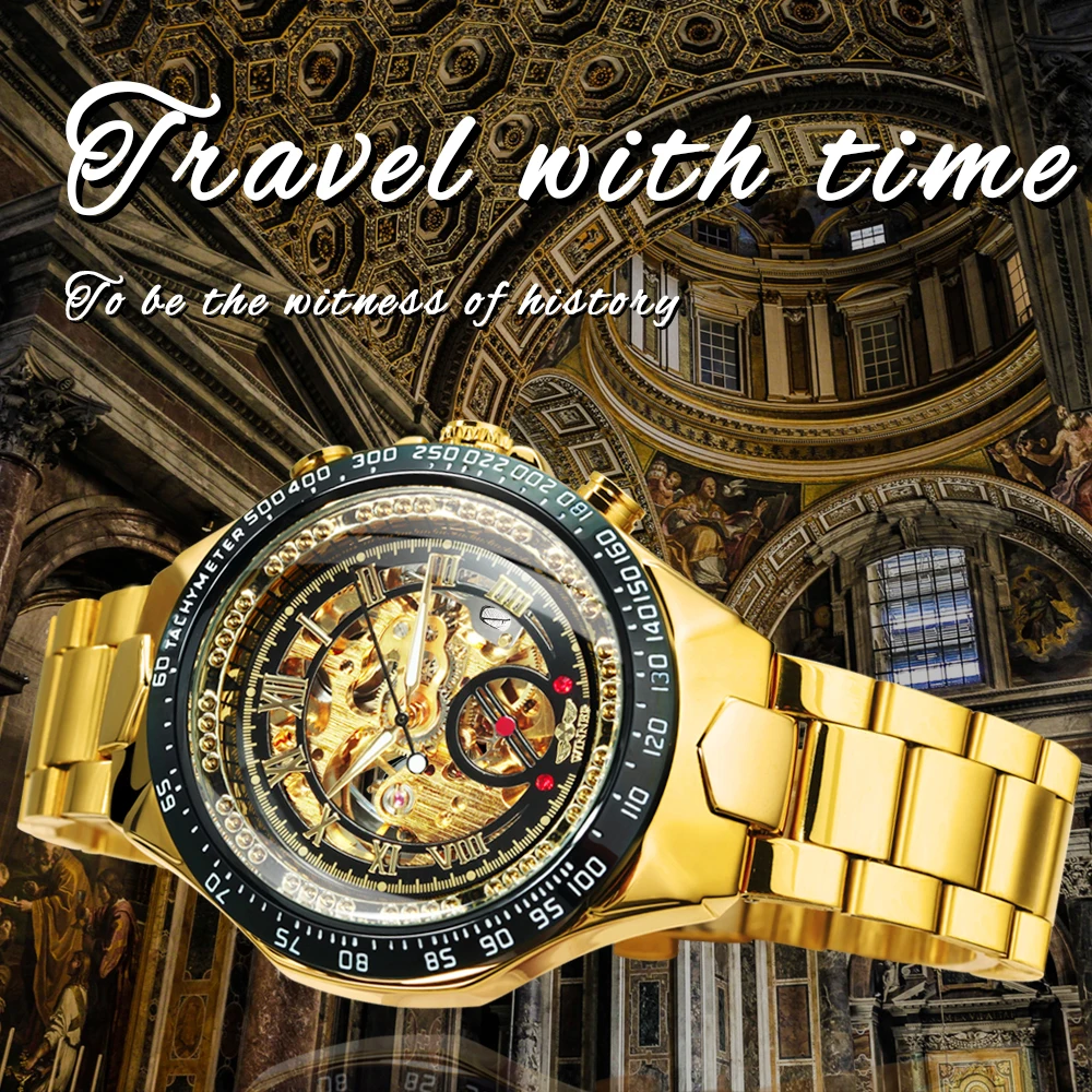 WINNER Classic Skeleton Automatic Mechanical Watch for Men Luminous Hands Gold Stainless Steel Strap Business Mens Watches Gifts