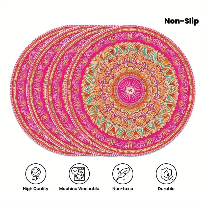 VIKAMA Rose Pink Contrasting Mandala Patterned Placemat Insulation Table Mat Bohemian Ethnic Style Dining Table Decoration