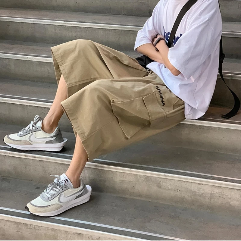 asual Cargo Pants Men Calf-length Letter Oversize All-match Baggy Wide Leg Trousers High Street Hip Hop Trendy Harajuku Chic