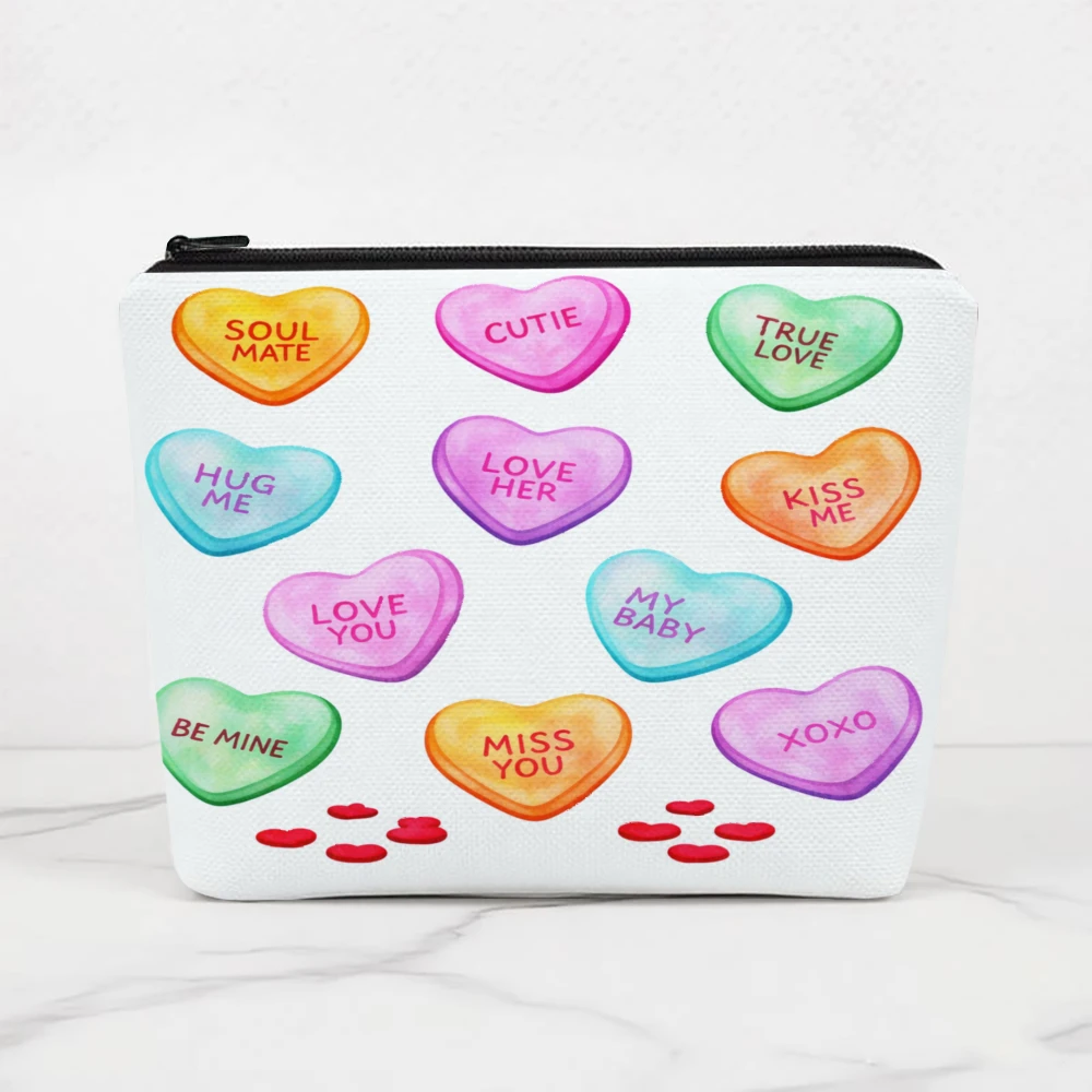 Candy Hearts With Love Messages Makeup Bags for Girls Cosmetic Pouch Toiletry Bag Pencil Case Travel Storage
