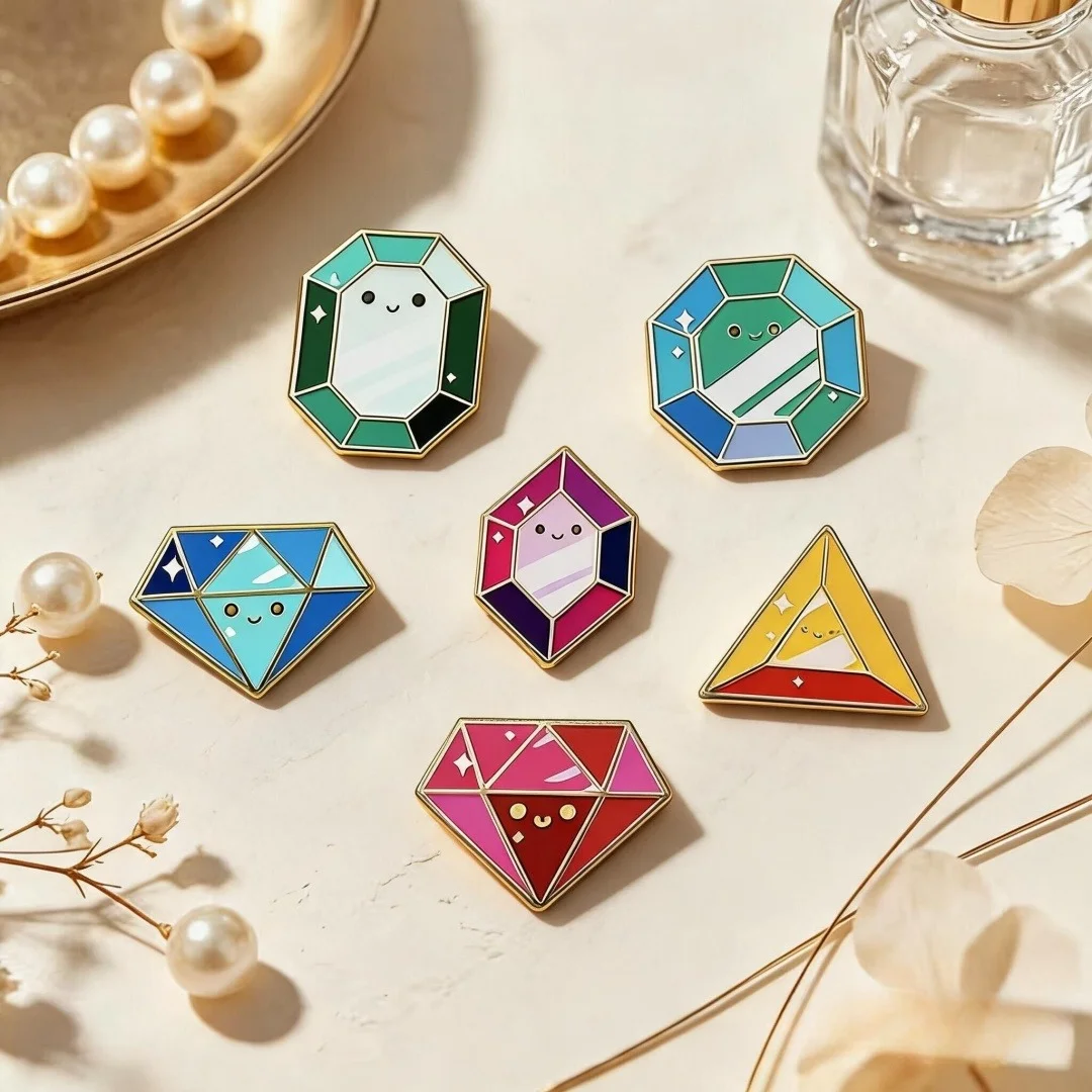 Cute Crystal Gem Enamel Brooch Set Smiling Diamond Ruby Emerald Shape Lapel Pins Kawaii Aesthetic Badge Backpack Jewelry Gift