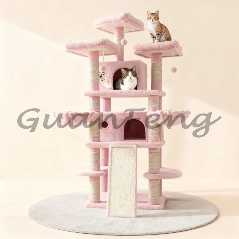 Pink 68 Inch Multi‑Tier Large Cat Tower, Cat Activity Center with Condo, Perches, Sisal Posts and Hammocks