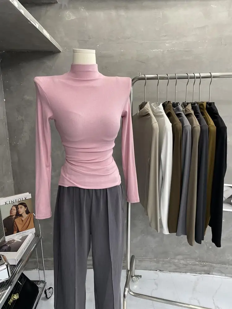 Slim Fit Long Sleeve T-Shirt Women's Korean Style Half High Collar Ribbed Base Layer Top Cream Color Autumn Winter Fashion
