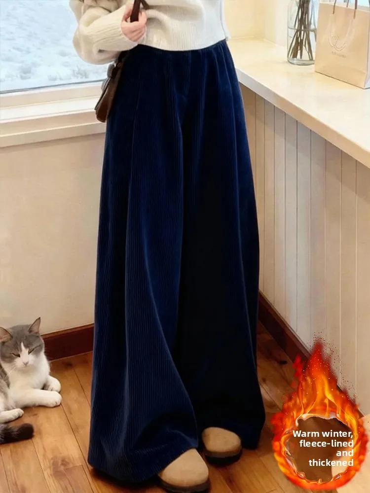 

Синие повседневные вельветовые брюки с широкими штанинами на флисовой подкладке для женщин, осенне-зимняя новинка, простые, модные, элегантные, прямого кроя
