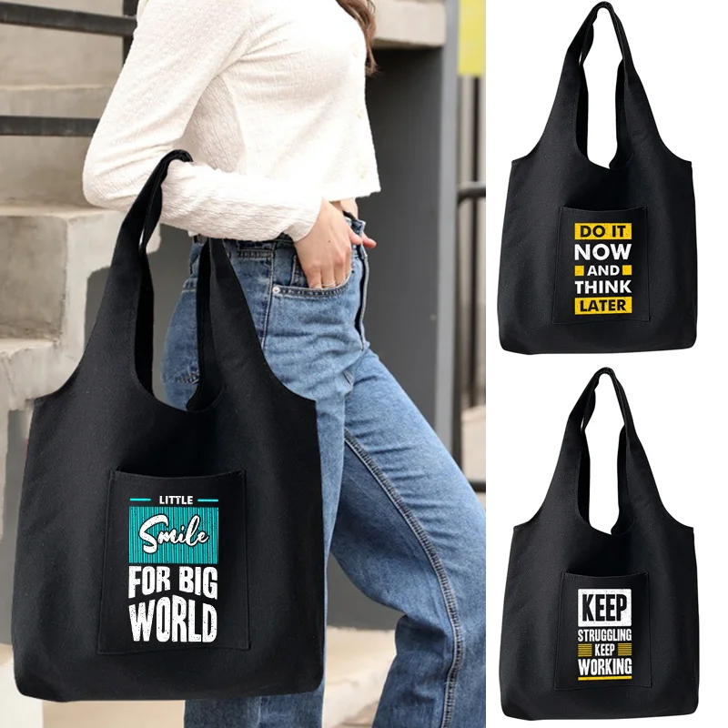 Women's Shoulder Bags Reusable Large Capacity Shopping Bag Shopper Phrase Print Canvas Tote Bag Ladies Casual Harajuku Handbags