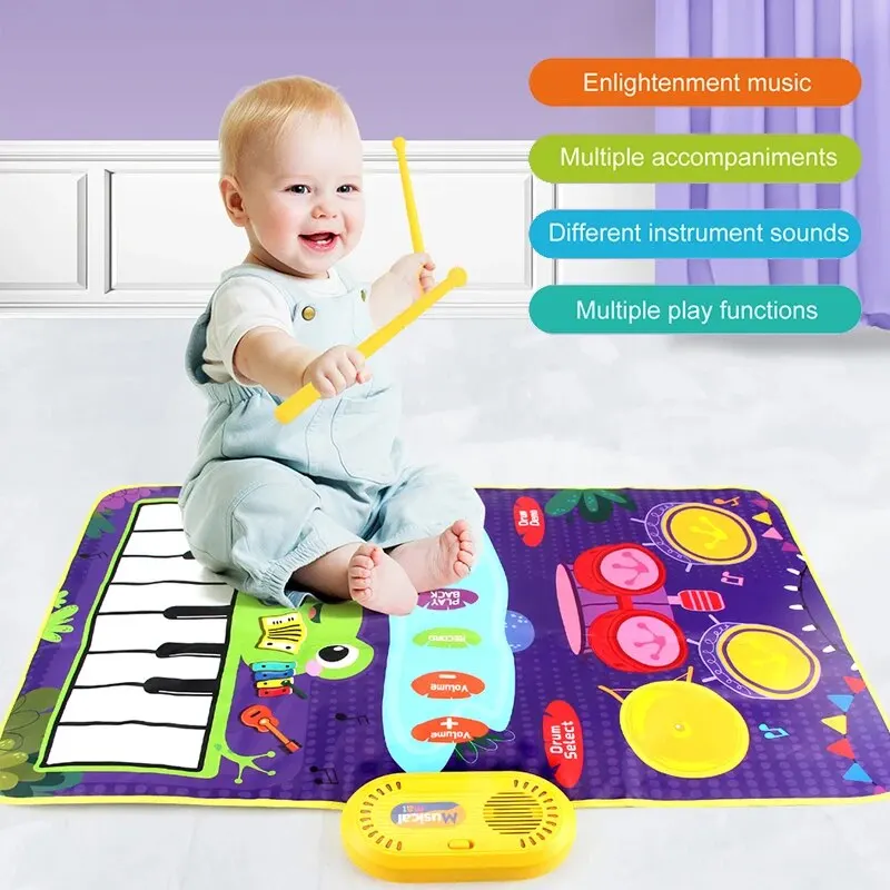 2 In 1 Piano Mat for Kids Piano Keyboard & Jazz Drum Music Touch Play Carpet Baby Toddlers Music Instrument Education Toys Gift