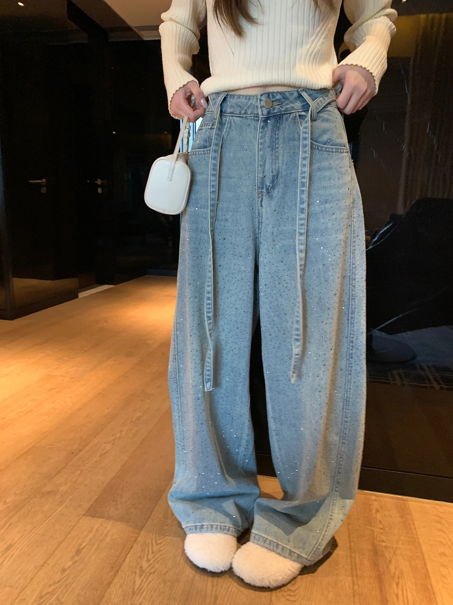 

High Waist iny Diamond Embellied Wide Leg Jeans Women's Denim Pants Straight Fit Versatile Casual High Waist Jeans