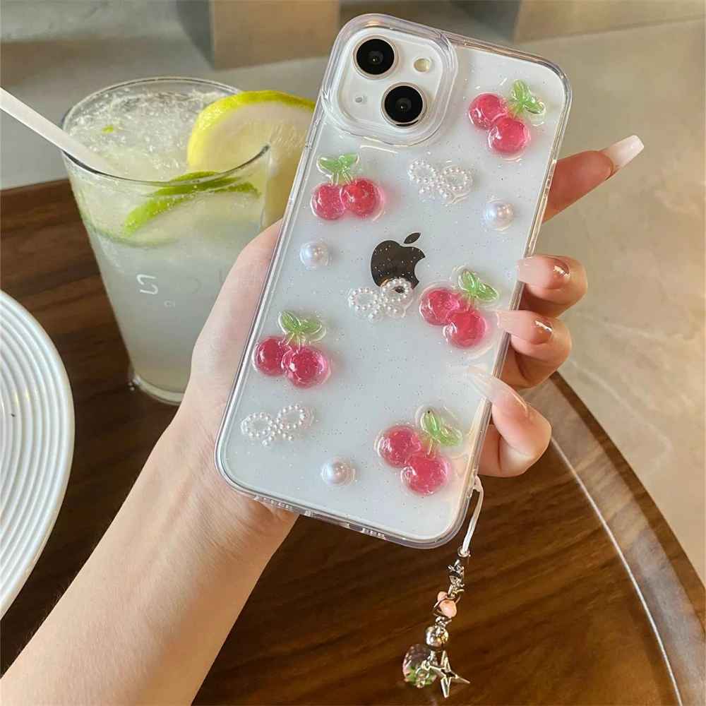 INS Cute 3D Cherry Pearl Bow Strawberry Pendant Soft Case For iPhone 15 14 Pro Max 13 12 11 X XS XR MINI Clear Shockproof Cover