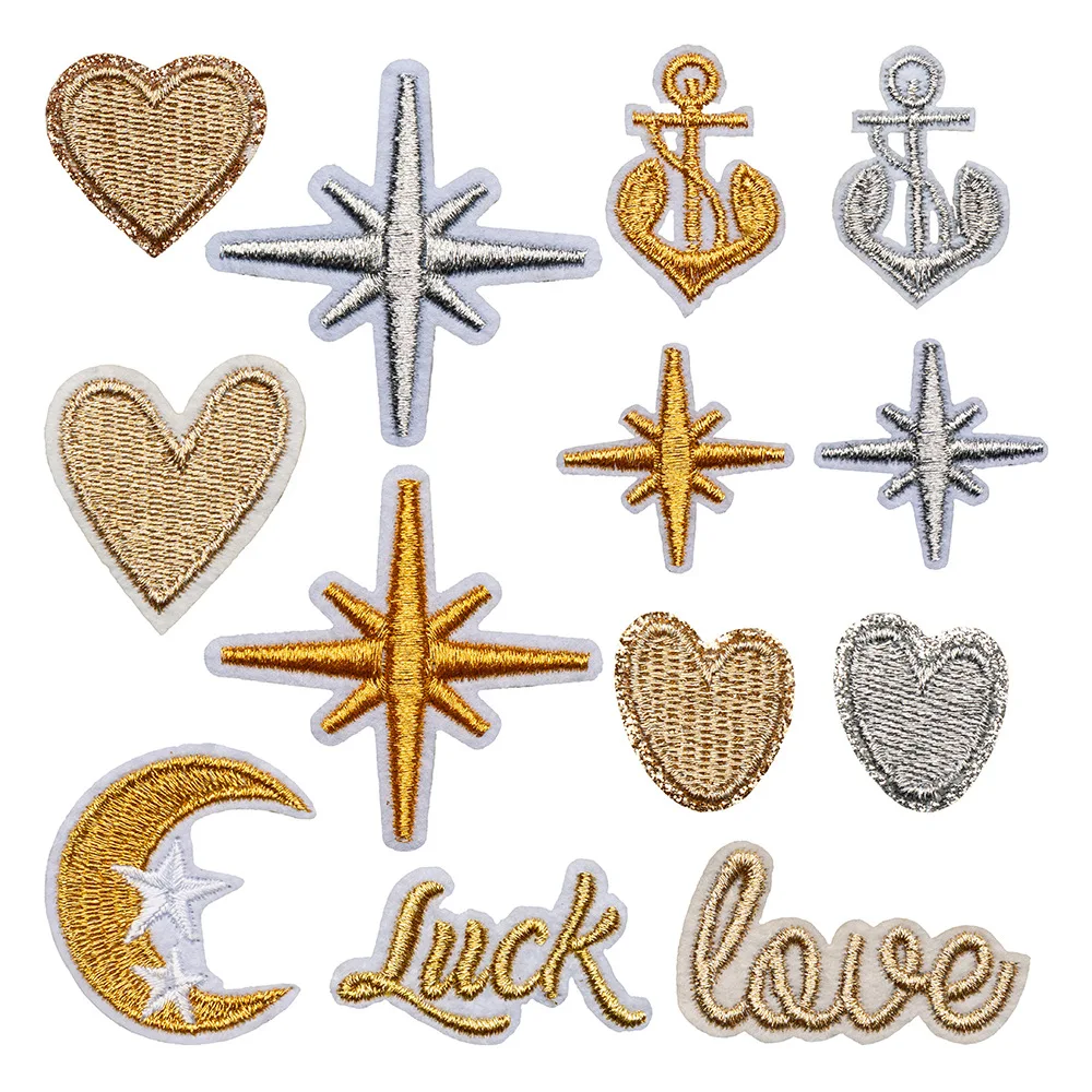 

Hot Sale Embroidered Gold Silver Thread Stars Moon Alphabet Heart Clothing Iron On Patches for DIY Hat Coats T-shirt Bags Jacket