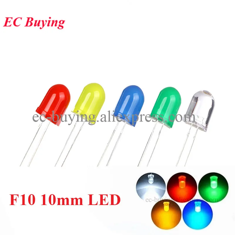 10pcs/lot F10 10mm LED Diode Kit Green Blue White Red Yellow DIY Eelectronic Components Light Emitting Diodes