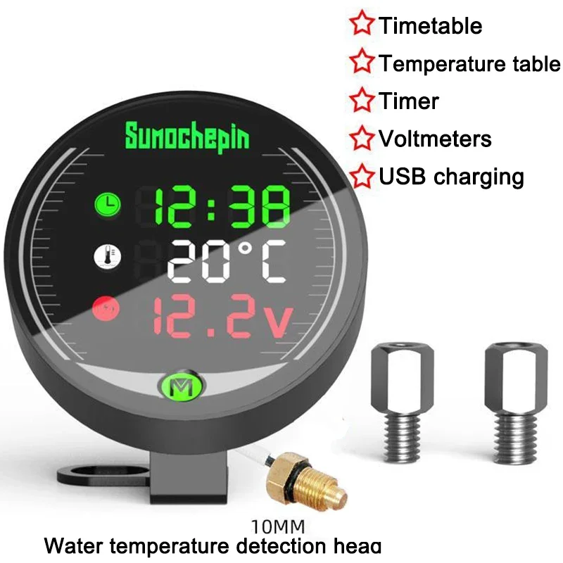 5 In 1 Motorcycle Electronic Clock Water Thermometer Voltmeter IP67 Waterproof Dust-proof LED Digital Time Clock Display 12V