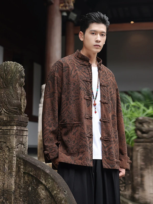 

New Chinese Sle Tang Suit Jaet Men's Spring Autumn Pattern Print Zen Large Size Youth Hanfu Outerwear Stand Fit Polyes...