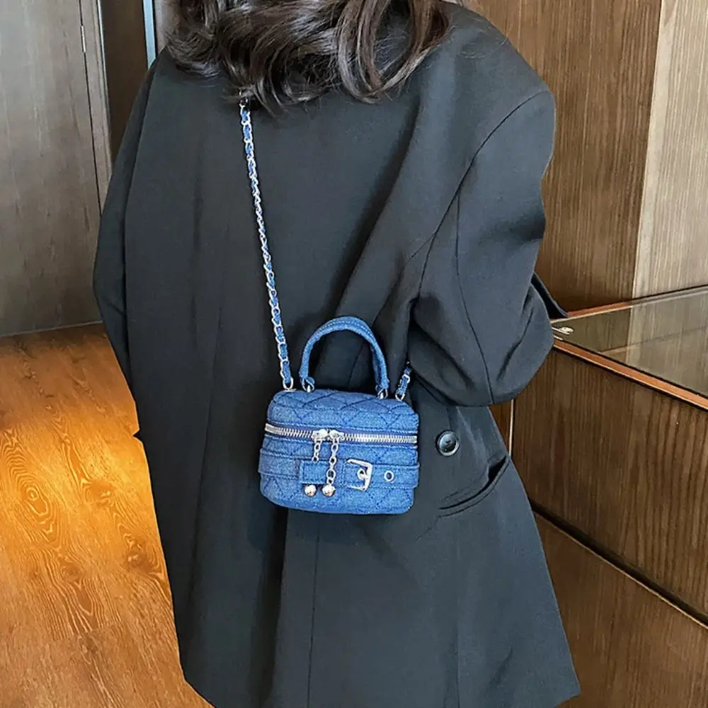 Small Lingge Denim Bucket Bag Casual Chain Crossbody Bag Denim Crossbody Bag Lipstick Bag Coins Purses Lingge Shoulder Bag Girl