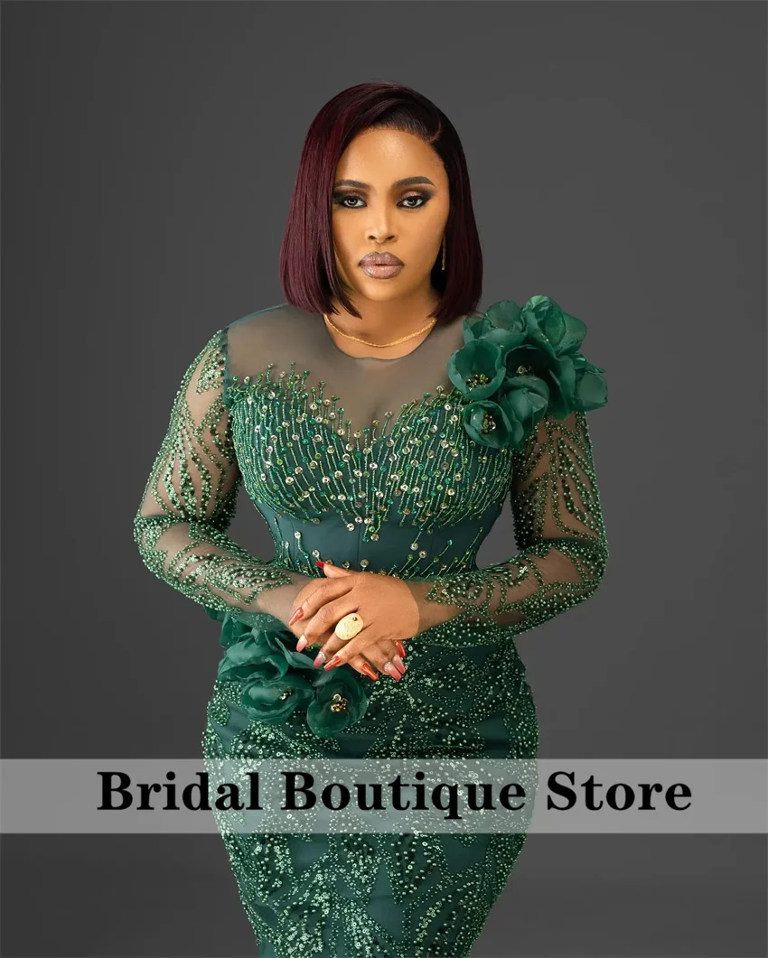 Glitter Dark Green Mermaid Prom Dress Flowers Beaded Evening Dress Formal Party Second Reception Gown Birthday Customized