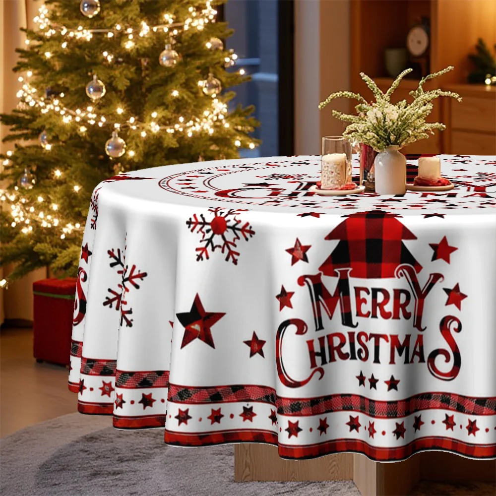 1 tablecloth, Christmas themed round tablecloth with checked Christmas tree, snowflakes and stars