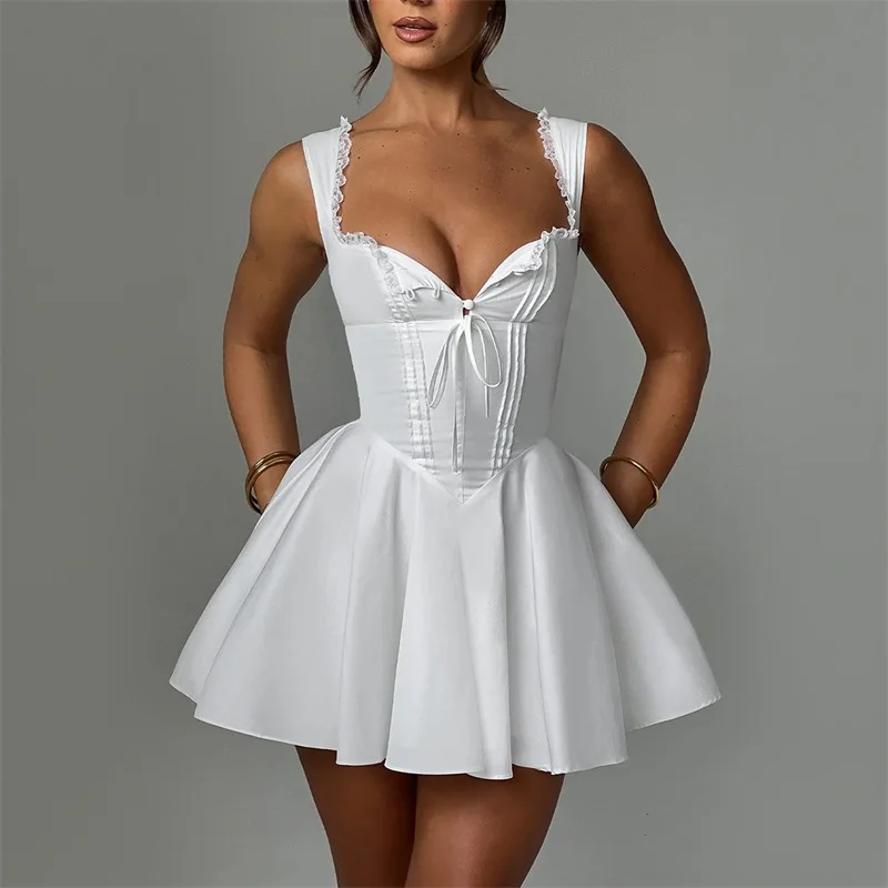 Summer White Women Prom Dress Suspender Camisole Sleeveless Evening Party Gown Sexy Short Mini Skirt Puffy Robes With Lining