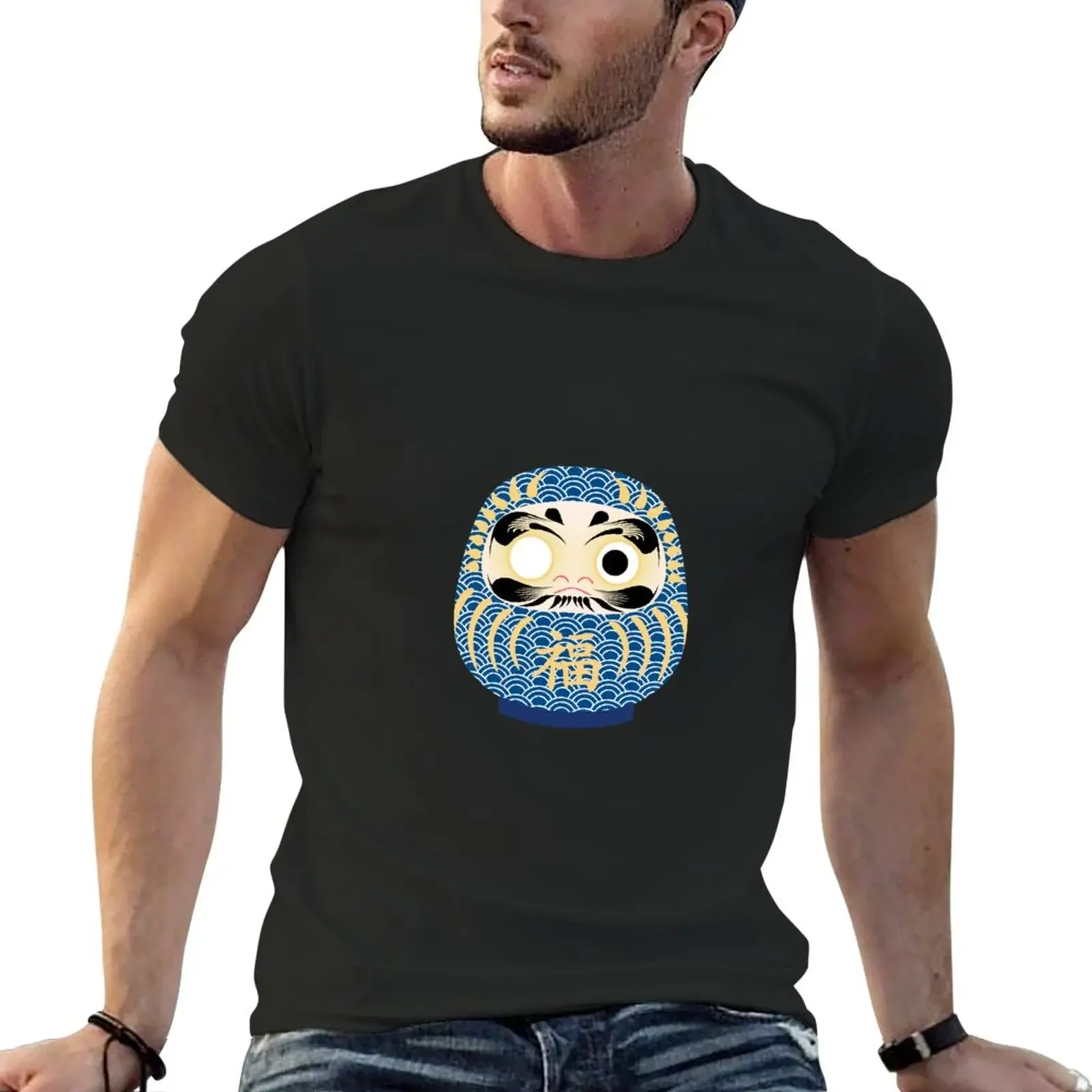 Blue Seigaiha Daruma of Tranquillity T-Shirt plus size tops plain men graphic t shirts