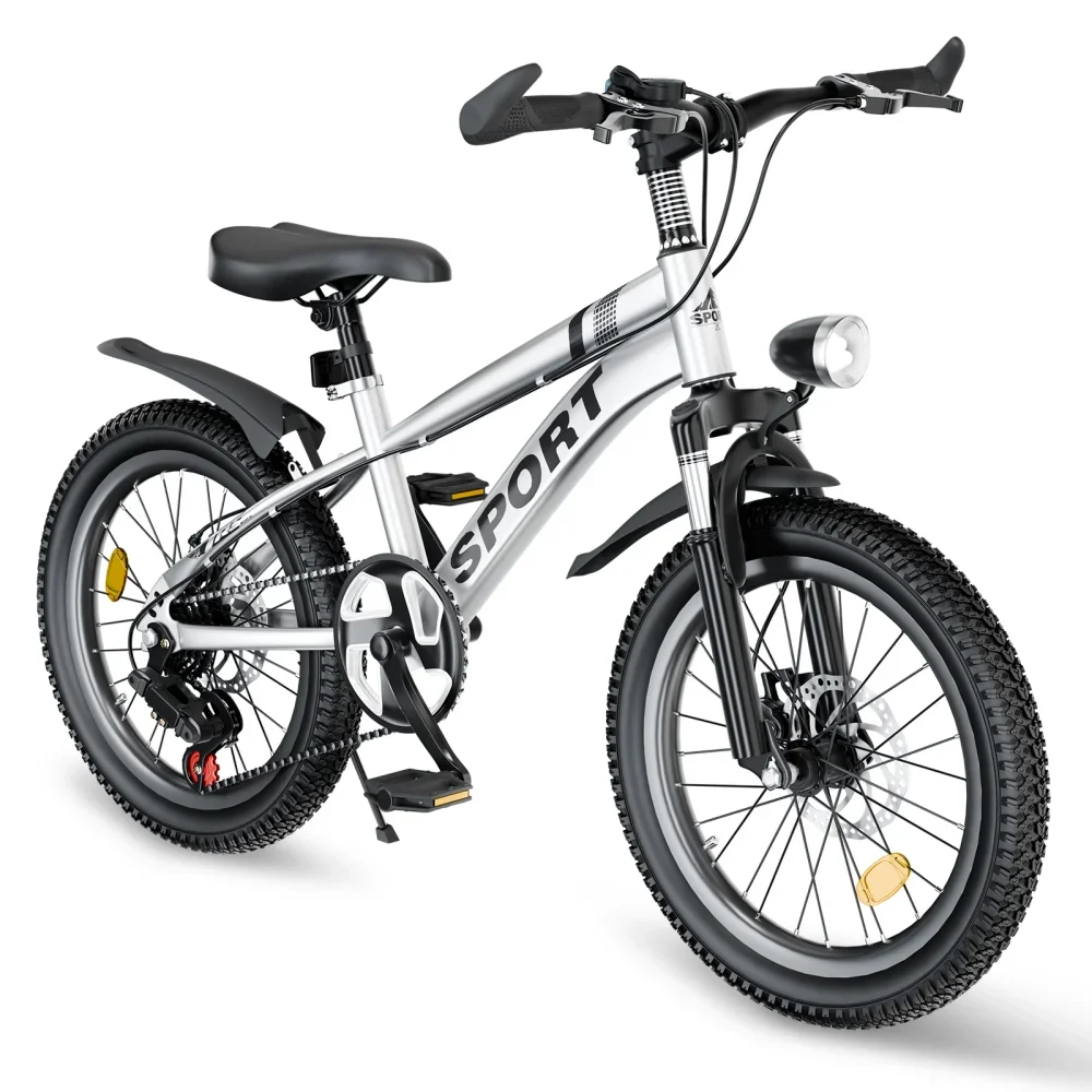 24 Inch Kids Mountain Bike 7-Speed Gears Dual Disc Brakes Shock Absorber Front Fork LED Light for Boys & Girls 7-12 Years Silver Pink