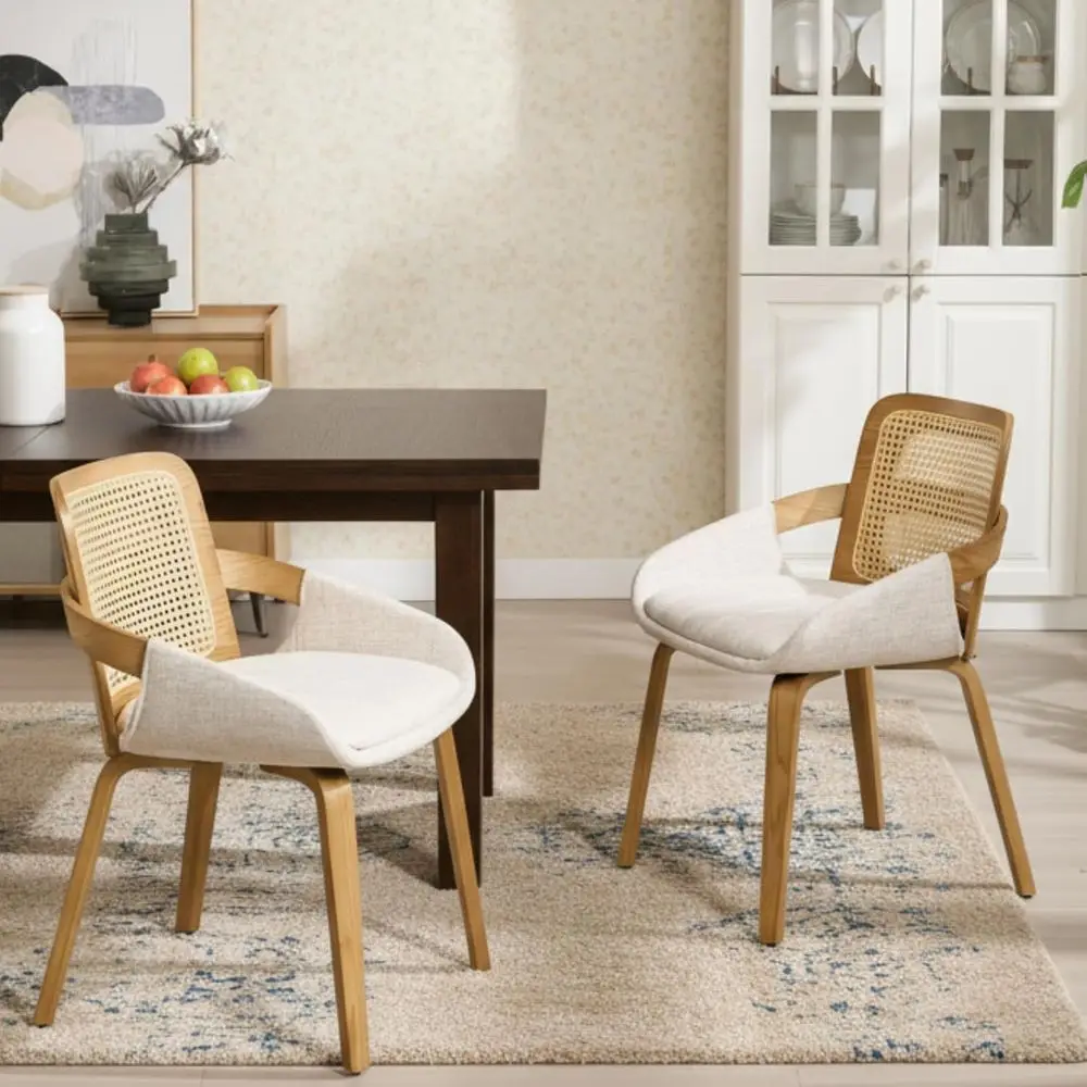 

Beige Linen Cane Back Dining Chairs Set of 2 with Solid Wood Legs for Kitchen or Living Room