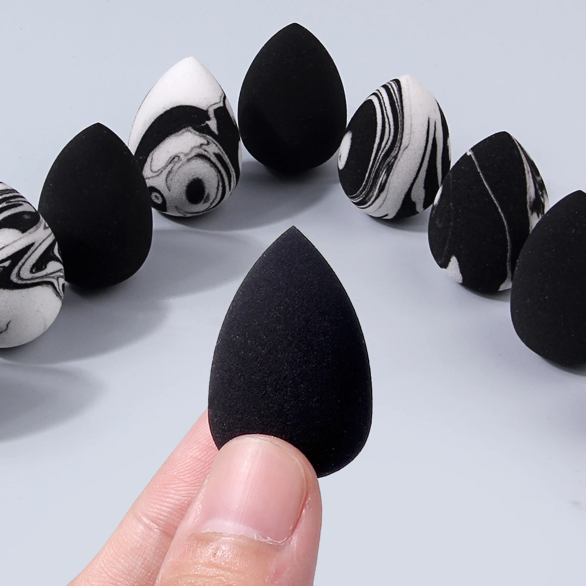10Pcs Mini Makeup Sponge Set Solid Black & Marble Teardrop Beauty Puff Soft Skin-Friendly Reusable Small Cosmetic Sponges For Co