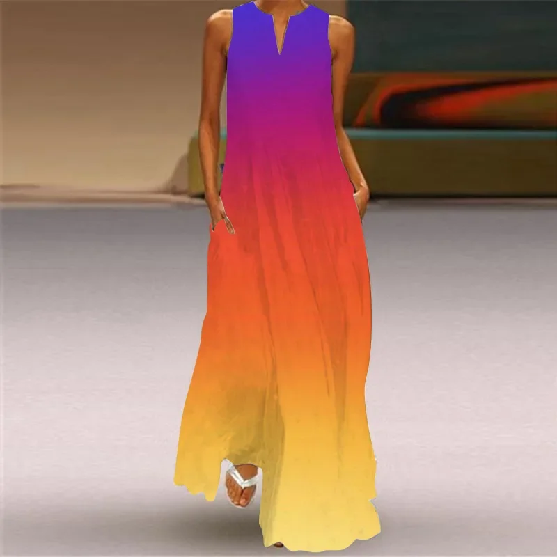 Summer Fashion Sexy Color Gradient Print Hollow Out V-neck Sleeveless Long Dress Loose Casual Party Evening Long Dress Women