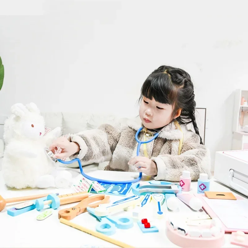 مجموعة أدوات الطبيب الخشبية للأطفال، مجموعة لعب للأطفال الصغار مع حقيبة طبية للأولاد والبنات لعبة لعب الأدوار الممتعة #6