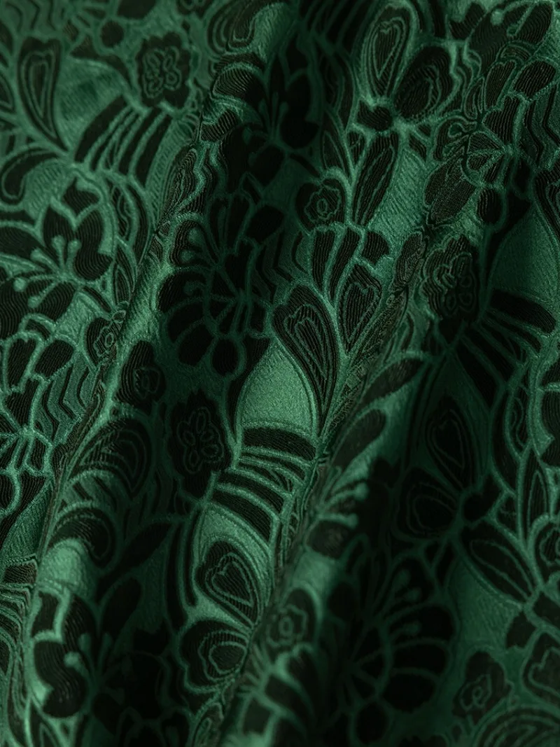 Comfortable Temperament Dark Green 50% Natural Mulberry Silk 50% Viscose Jacquard Satin Round Neck Long Sleeved Dress