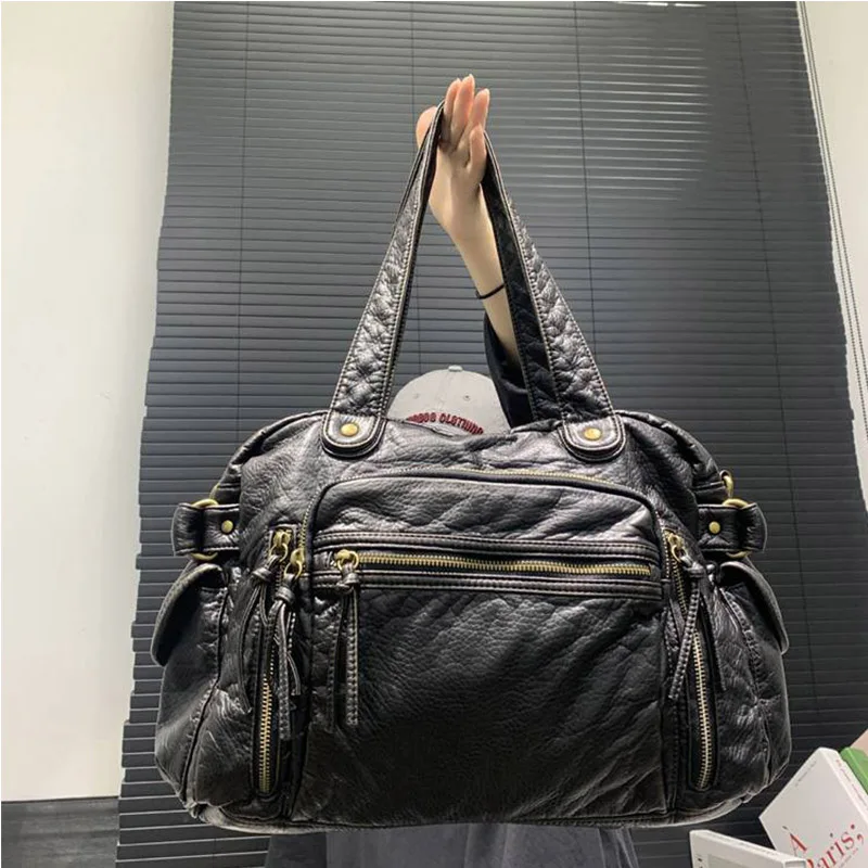 Y2K Hot Girl Retro Dishwashed Handbag Shoulder Motorcycle Bag Soft PU Large Capacity Versatile Punk Multi-Pocket Crossbody Bag