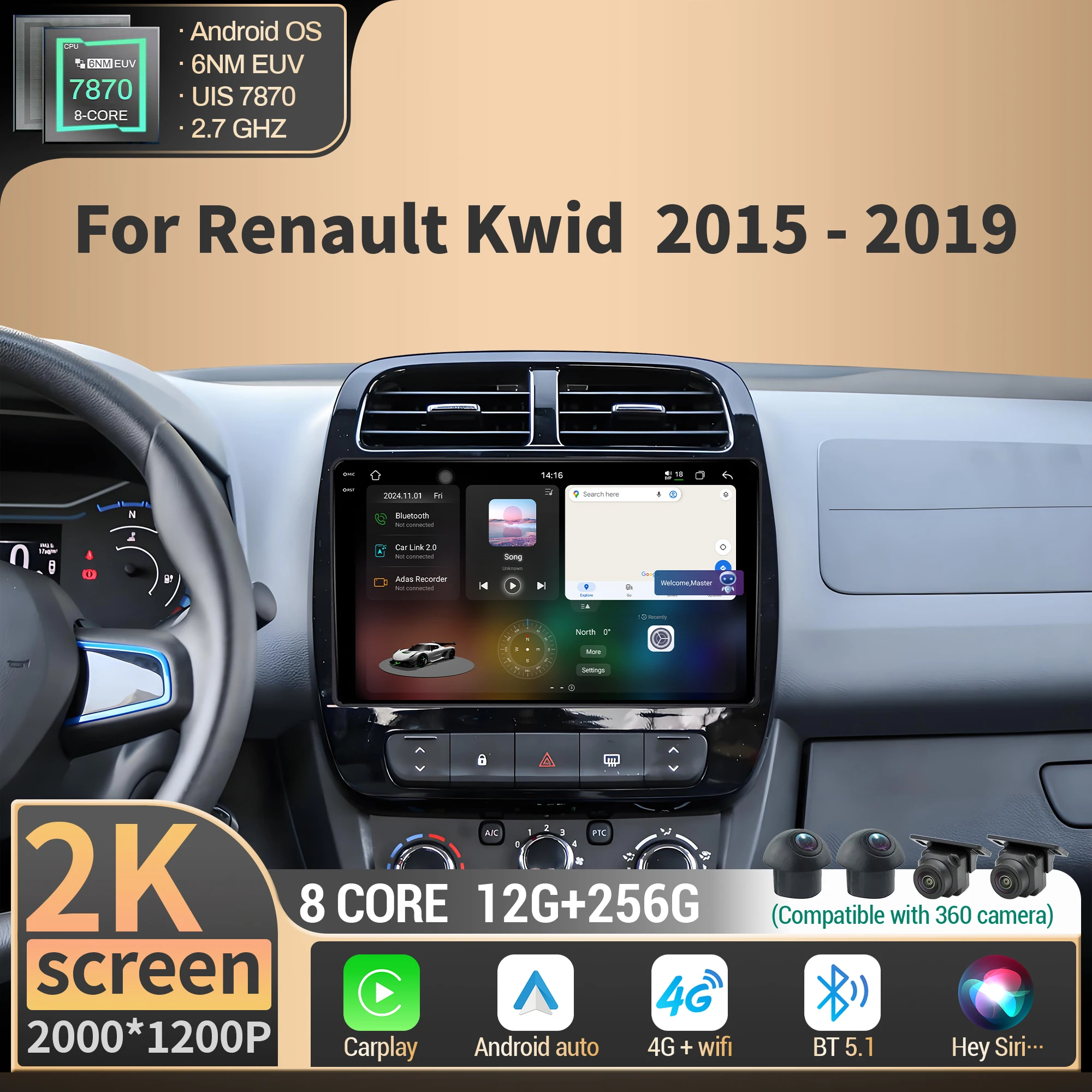 Android para renault kwid 2015 2016 2017-2019 sem fio bt carplay rádio do carro navegação multimídia 4g gps cpu 7870 2k tela qled