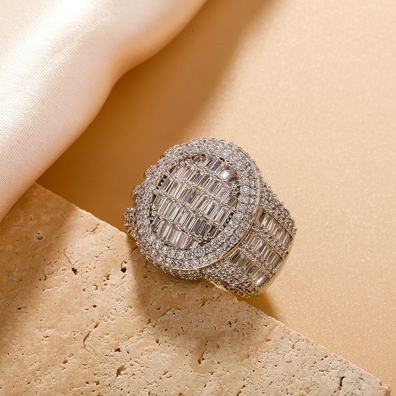 Size 7-11 Hip Hop 5A+ CZ Stone Paved Bling Iced Out Round Finger Rings for Men Rapper Jewelry Gold Silver Color