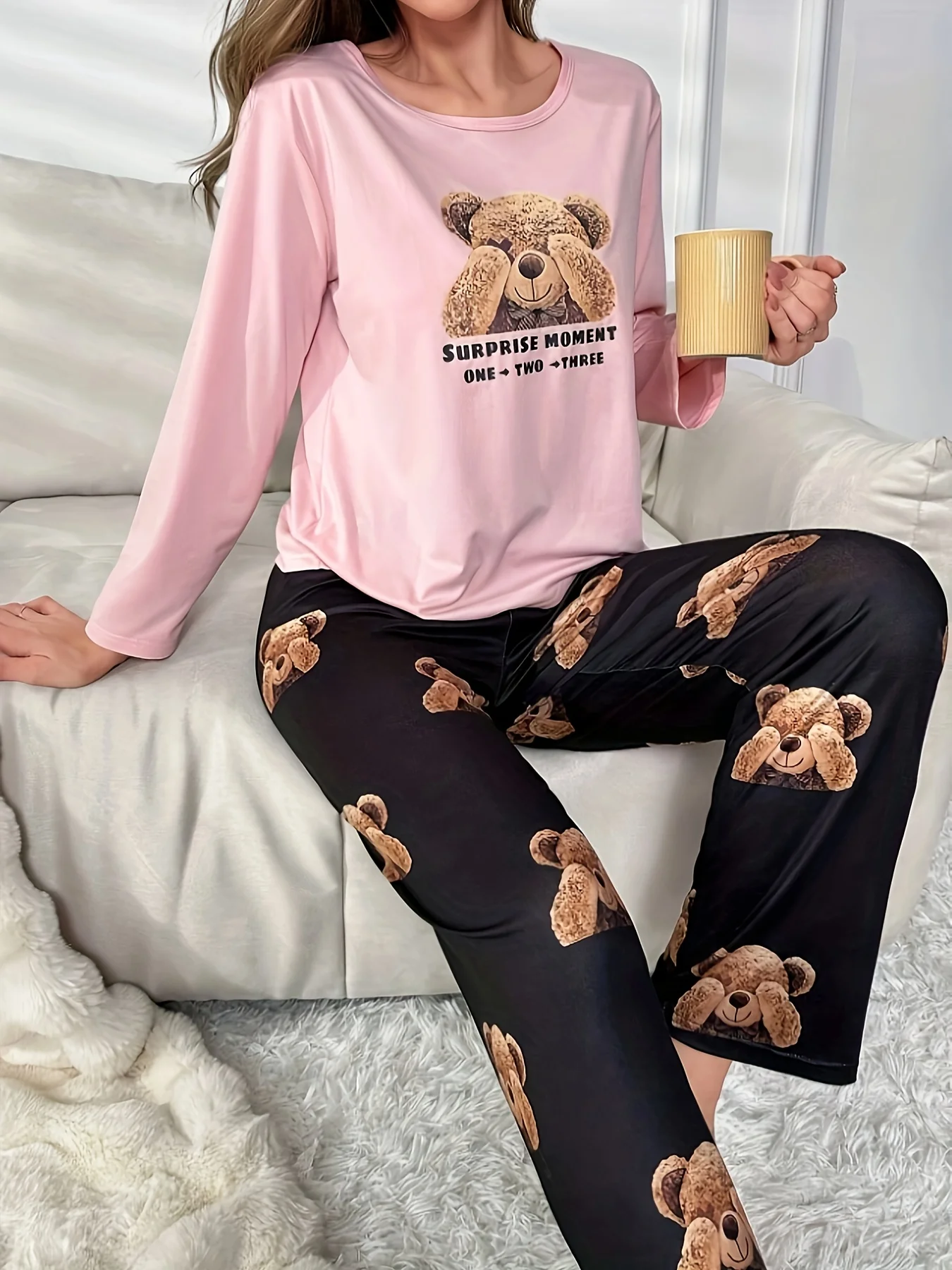 Ladies\' Bear print casual pajama set with long sleeve crew-neck top and pants