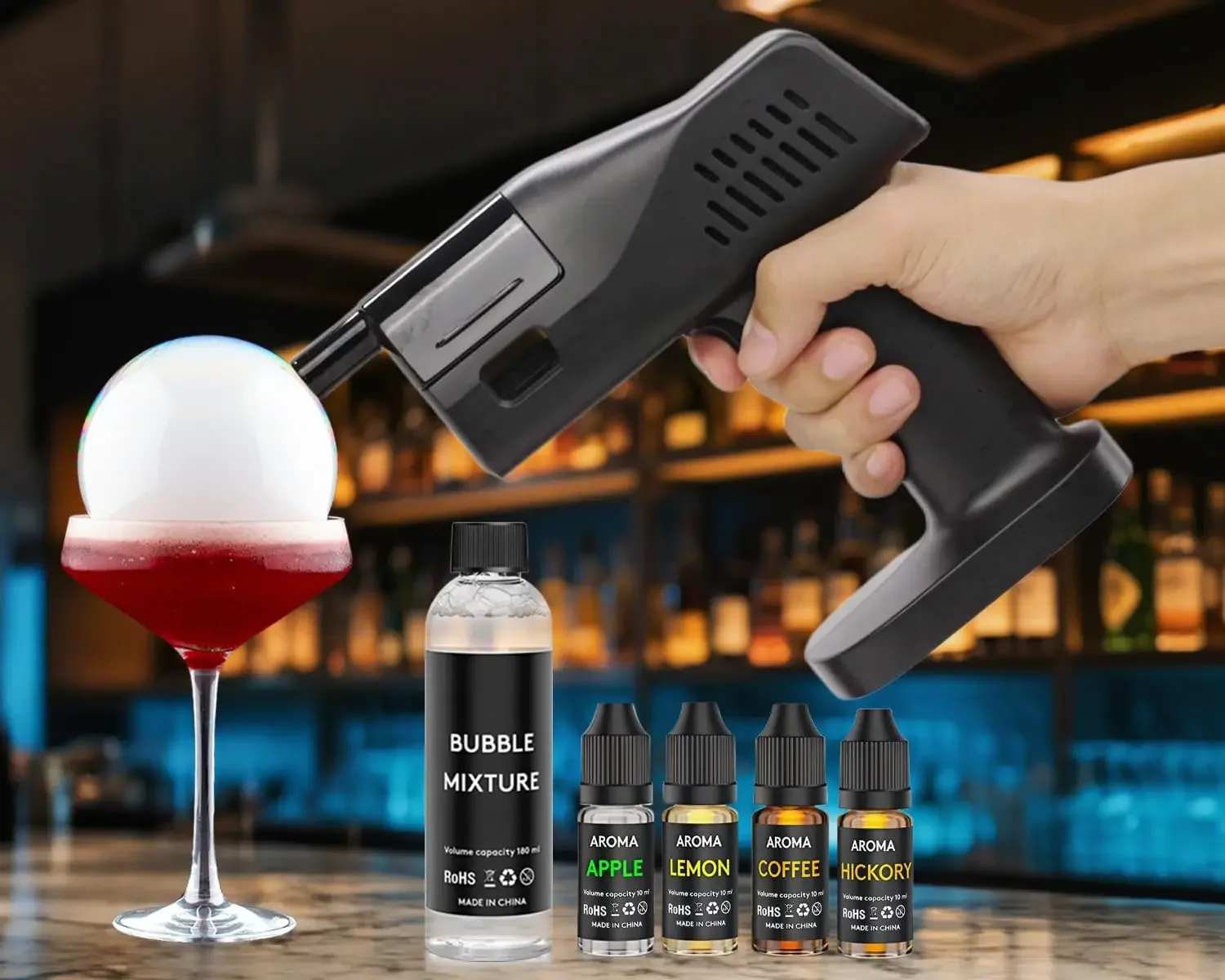 Cocktail Bubble Smoke Gun Aroma Kit Black | Flameless Drink Smoker, 2 Modes Color Screen, 5000mAh Battery, For Bartender Home Pa