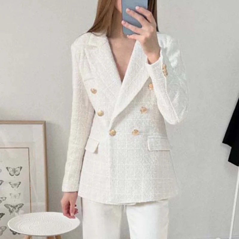 Women Clothing Jacket Spring Fashion Suits Double Breasted Tweed Blazer Coat Vintage Long Sleeve Female Outerwear Chic Top