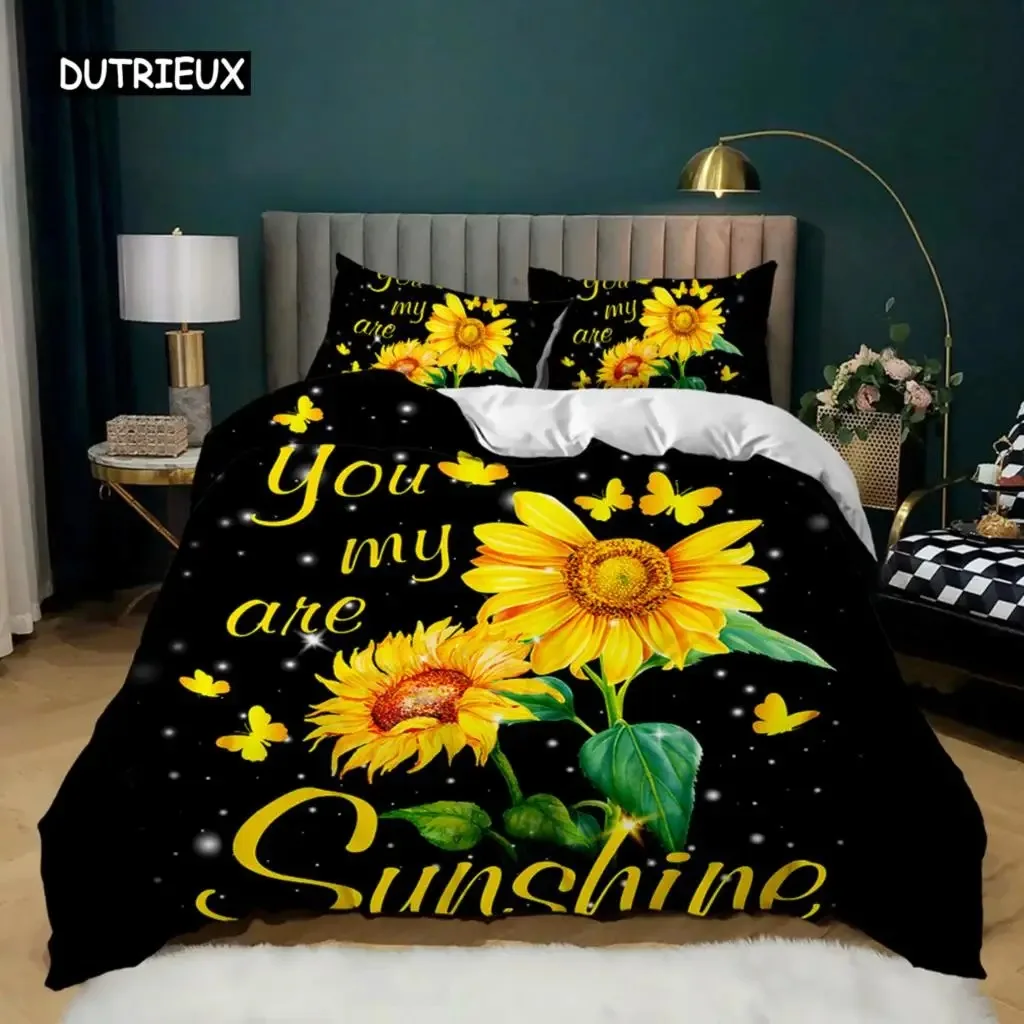 Sunflower Duvet Cover Set Yellow Flower America's Faceless Man Drive Car Bedding Set Polyester Rustic Country Style Quilt Cover