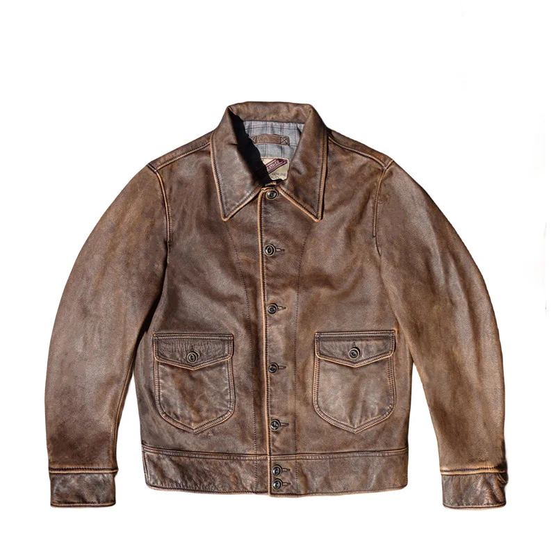 Retro 1920s Heavy Washed Vintage Distressed TeaCore Calfskin Leather Short Jacket real leather casual plus size genuine leather