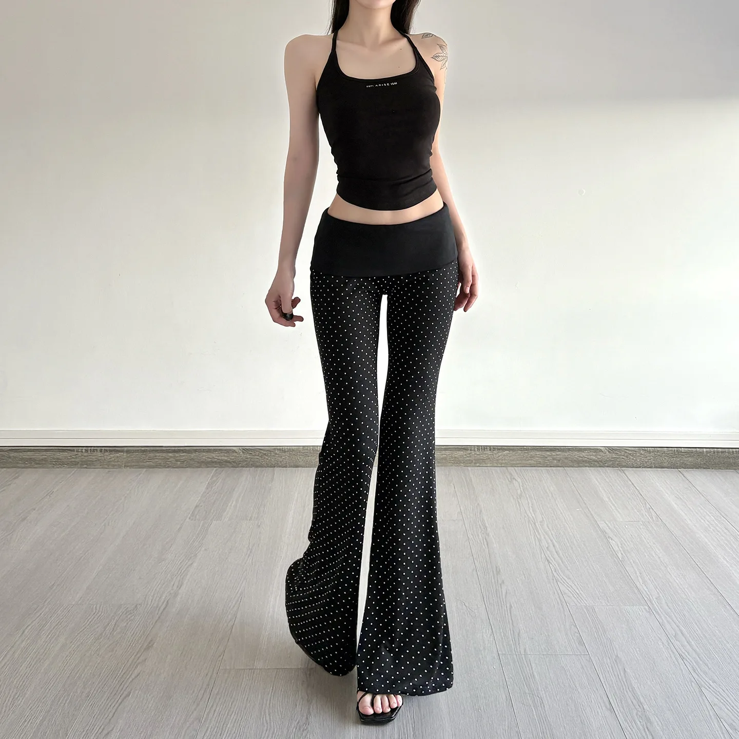 กางเกงขายาวทรงบานเอวต่ำ ลายจุด เนื้อผ้าถัก สไตล์ลำลอง แฟชั่นพรีเมียม ทรงเข้ารูป พิมพ์ลาย สำหรับผู้หญิง