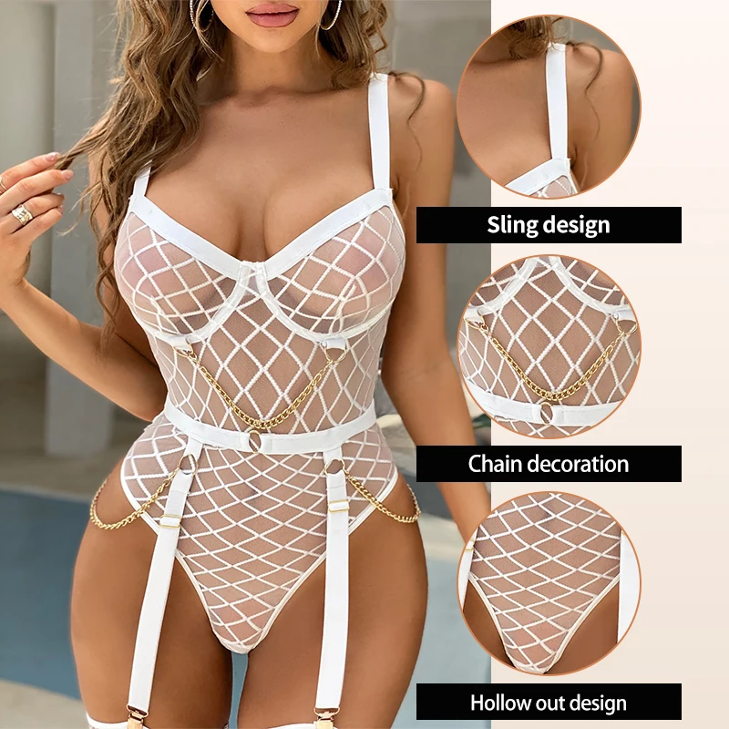 Women\'s New Sexy and Fun Underwear Perspective Mesh Metal Chain High Waist Open Back Jumpsuit Sexy Clothing