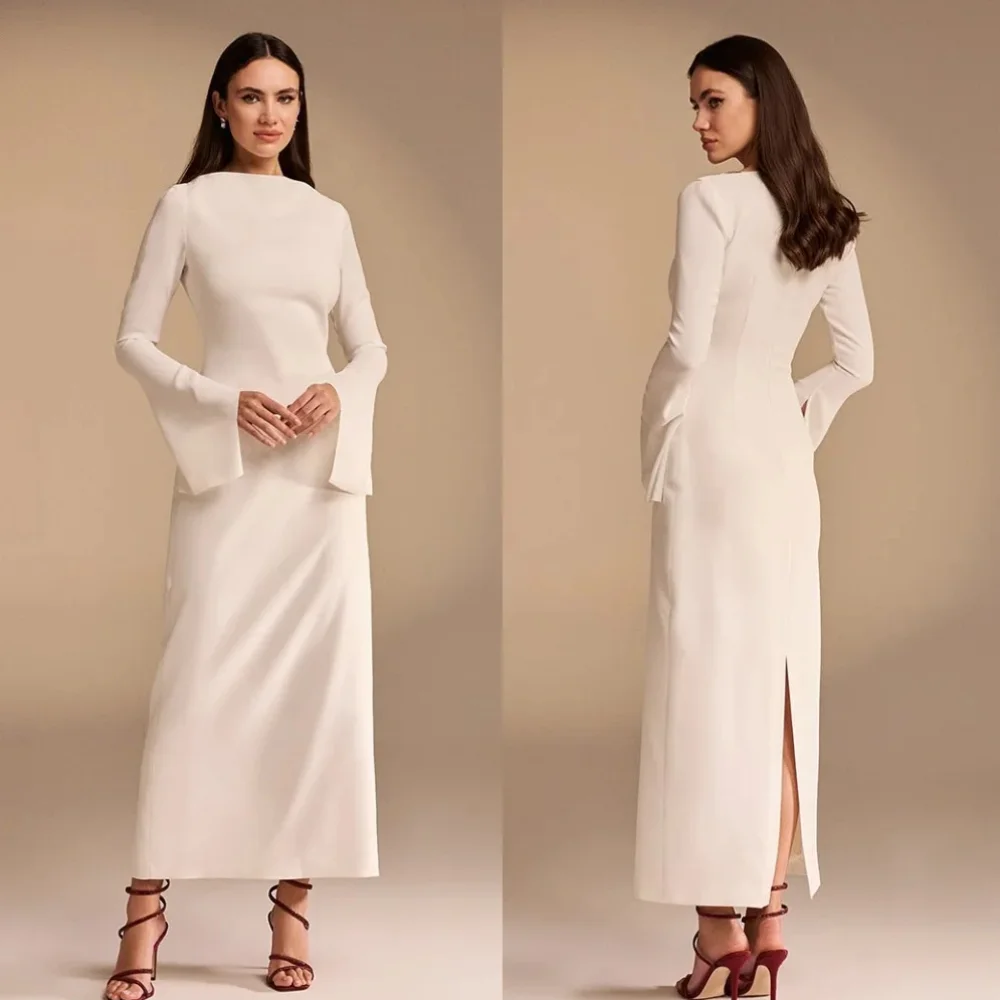 

Classy Long Boat Neck Spandex Evening Dresses Full Sleeves with Slit Sheath Ankle Length فستان سهرة for Women