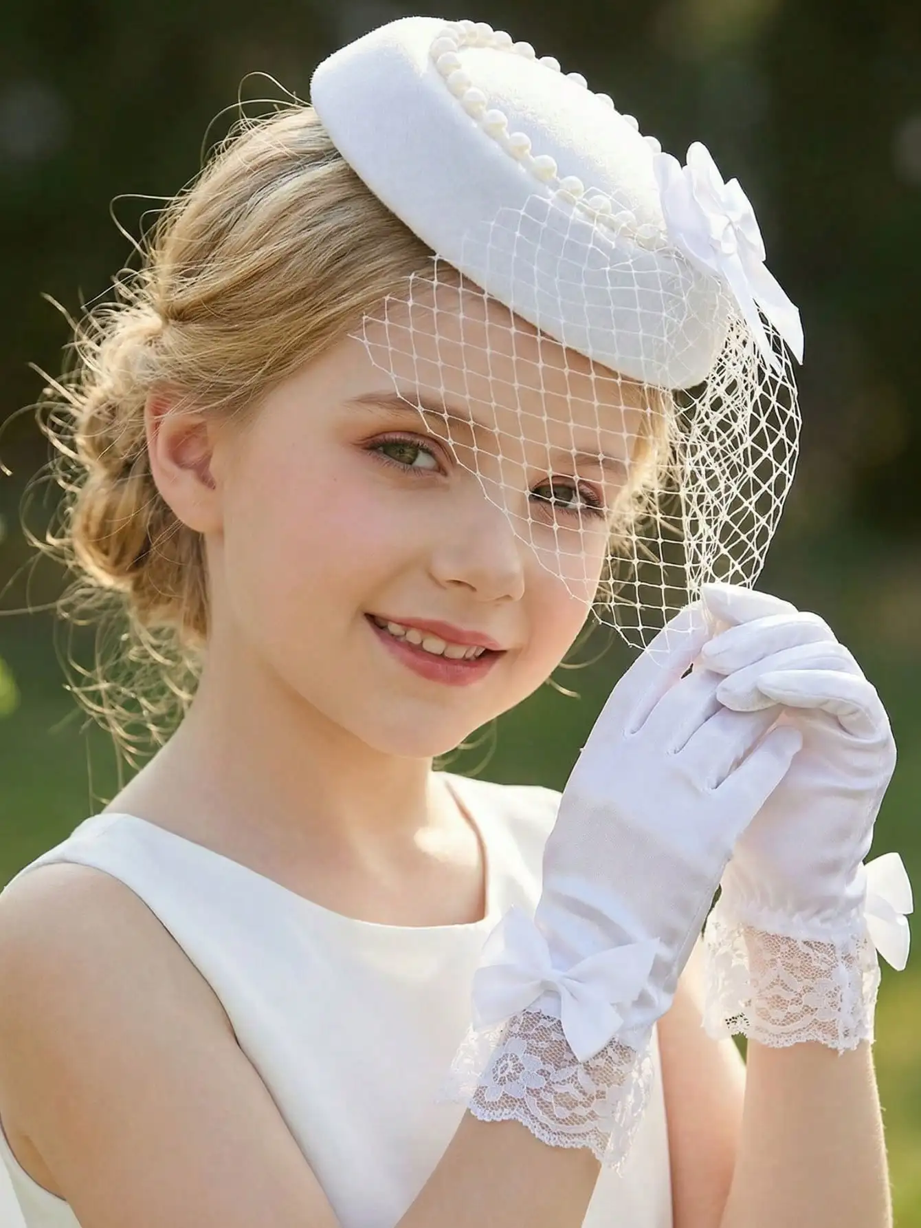 2Pcs 3-8Y Girls White Bow Tulle Hat Satin Gloves Set Wedding Party Photo Booth Decor Accessories