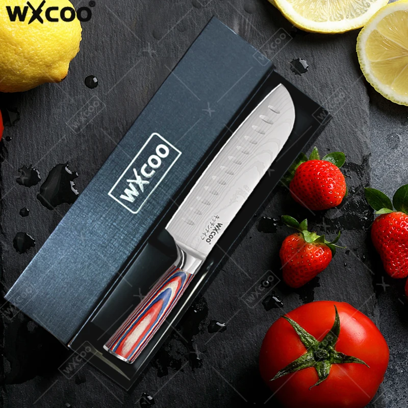 WXCOO Küchenmesser aus Damaststahl, japanisches Santokumes, Obstschneiden, Fleischbeil, Kochmesser aus Edelstahl mit Geschenkbox