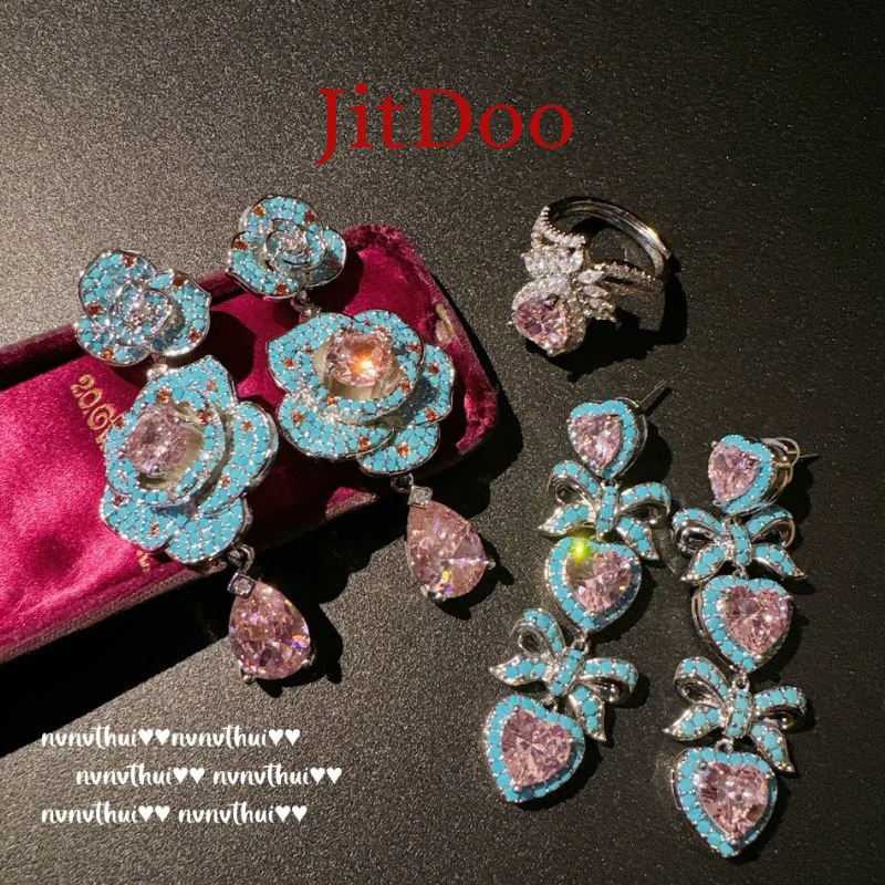 

JitDoo, новинка 2025, серьги с цветком камелии, полный циркон, винтажные серьги с бантом в форме сердца, кольца, ювелирные изделия в форме капли