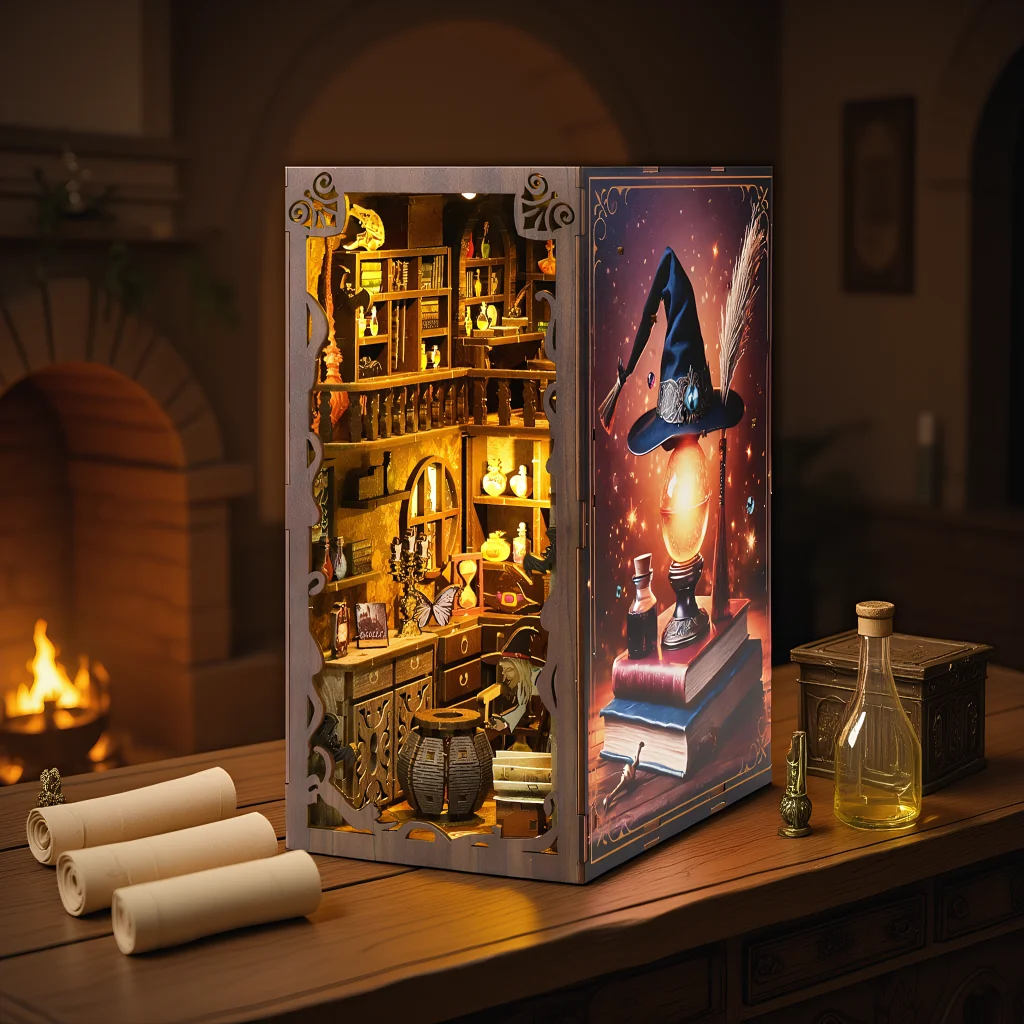 DIY كتاب الزاوية عدة مع أضواء LED بيت الدمية الخشبية ثلاثية الأبعاد لغز التجمع نموذج بناء غلاف لعبة رف الكتب المنزلية إدراج #2