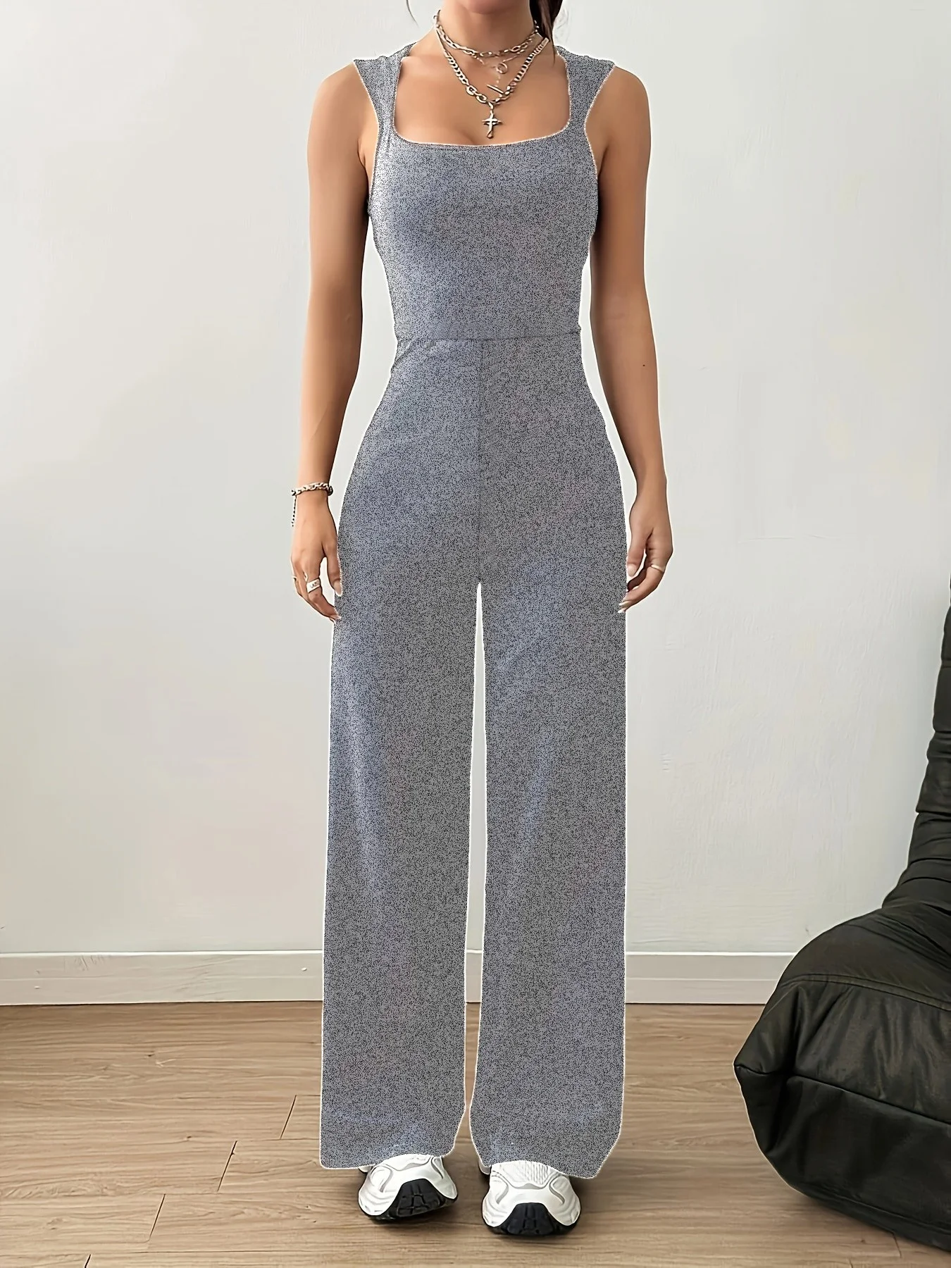 

Women's solid color sleeveless simple casual sports square neck jumpsuit women's daily casual jumpsuit