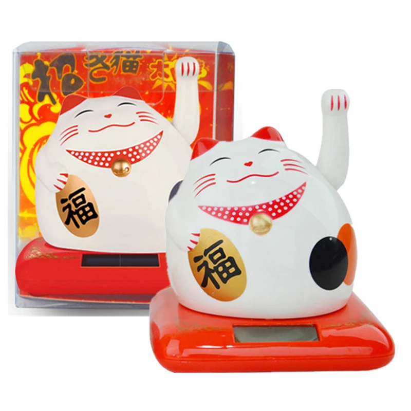 Solar White Lucky Cat Statue Home Room Decoration,No Battery Waving Fortune Cat Car Interior Decor, Maneki Neko Figure Gifts