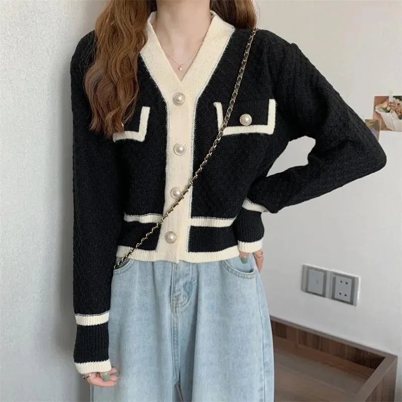 

Women's Korean Fashion Long Sleeve Knitted Coat Autumn Winter New Patchwork Color V-neck Outwear Vintage High Street Elegant Top