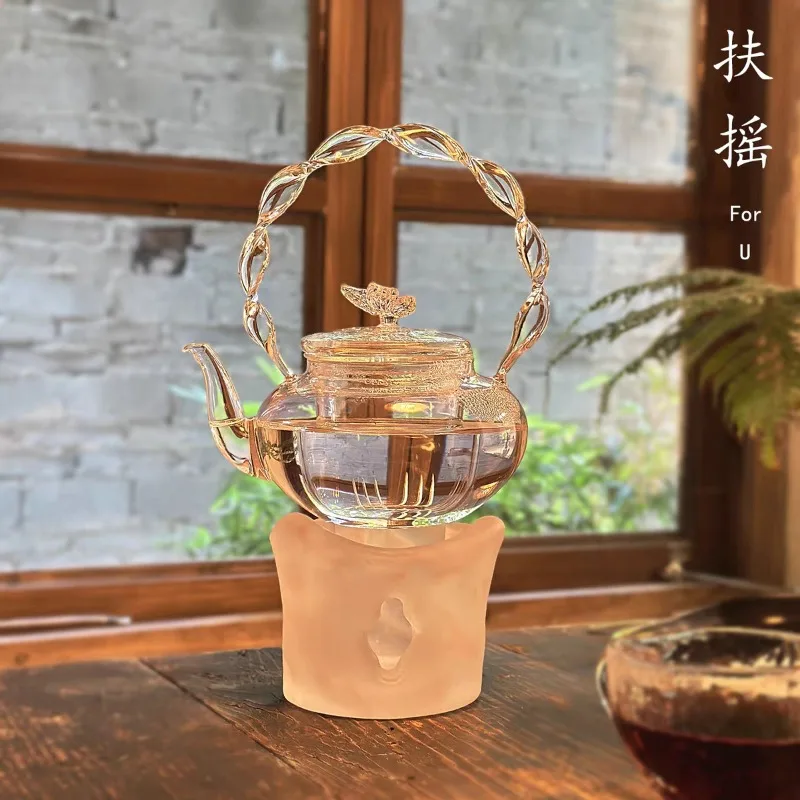 Glas-Teekanne mit Schmetterlingsförmigem Deckel und Griff, Verstärktes Hitzebeständiges Glas, Handgefertigte Rosa Blumentee-Kanne