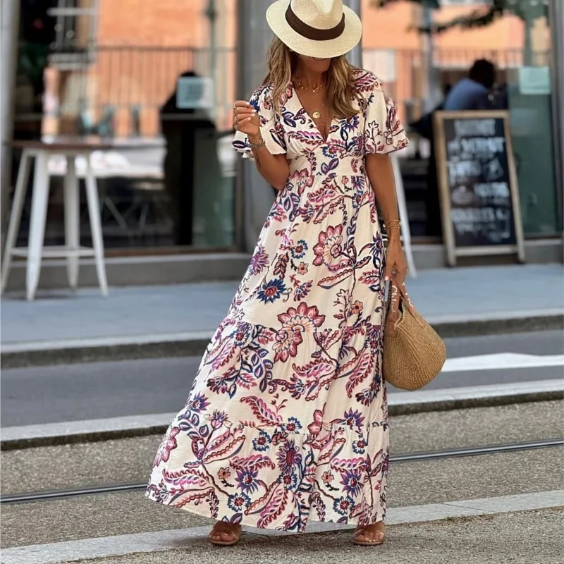 

2025 Fashion Pleated Party Dress Elegant V-neck Waist Vacation Long Dresses Women Casual Short Sleeve Ruffle Boho Beach Dress