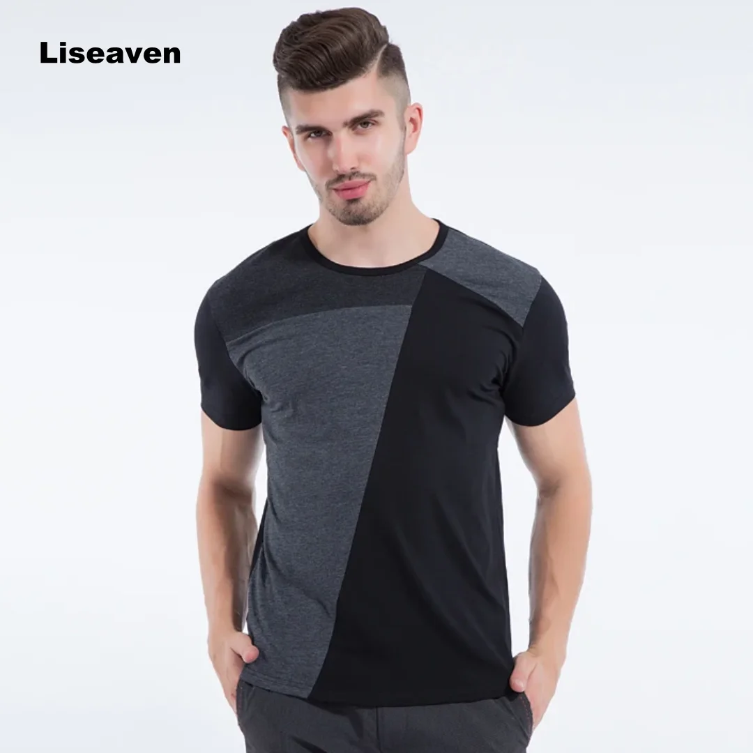 Liseaven Men Short Sleeve Patchwork T-Shirt Black Gray Slim Fit Cotton T Shirt Men Plus Size Tee Tops 2017