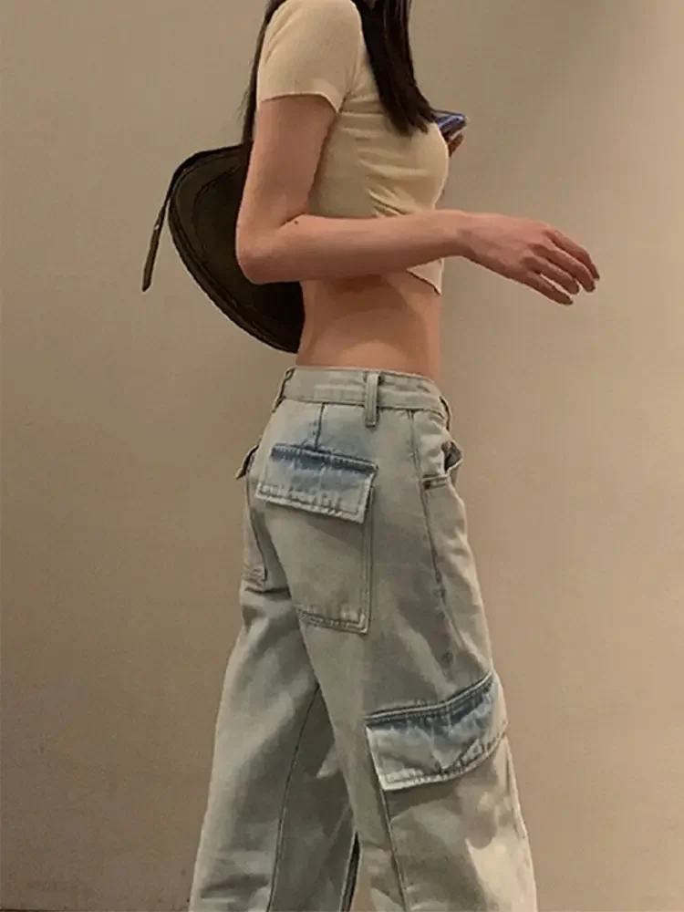 Frauen hellblaue Jeans mit Cargo-Tasche hoch taillierte lässige Cargo-Jeans hose @ Harajuku Streetwear Y2k Stoff plus Größe Hose