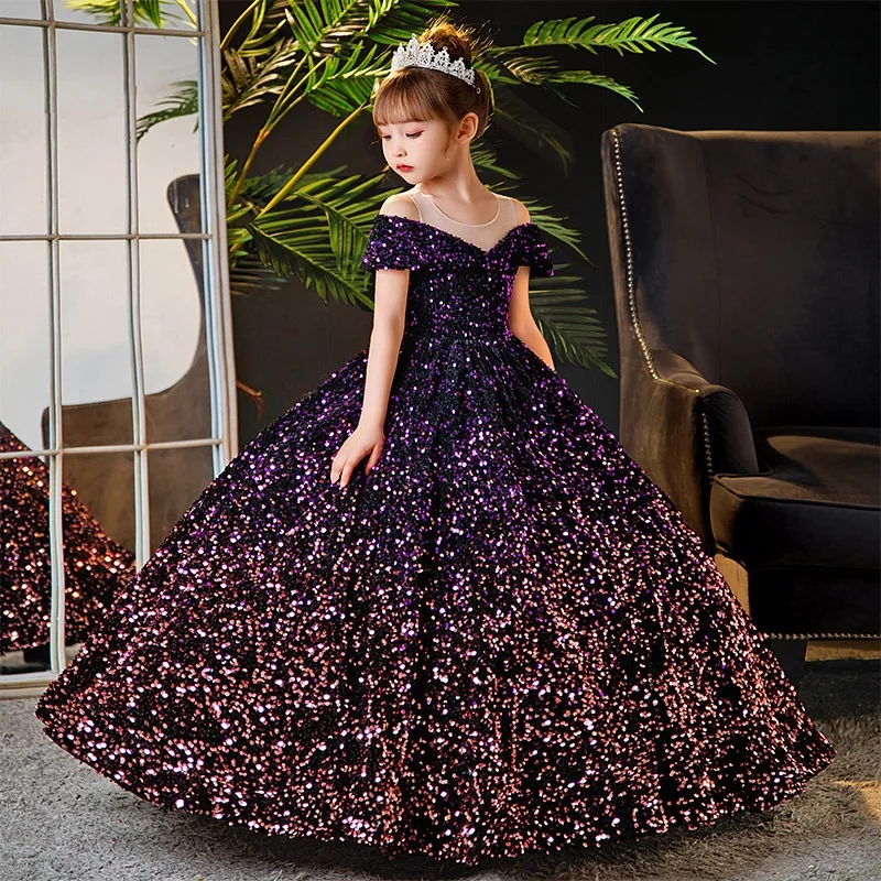 Little Girl Deep Purple Dresses Party and Wedding Summer 2023 Kids Birthday Evening Long Dress Sequin Luxury Gowns Child Costume